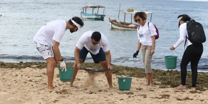 Voluntários realizam limpeza em praia do Rio Vermelho para a Festa de Iemanjá