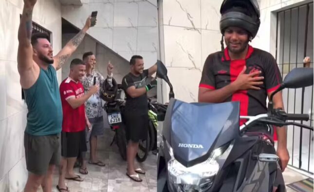 Amigos fazem surpresa e dão moto novinha de presente para Marlon; emoção viraliza