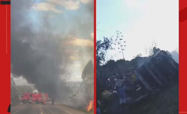 Caminhão frigorífico tomba e pega fogo após populares serem impedidos de saquear carga na Bahia