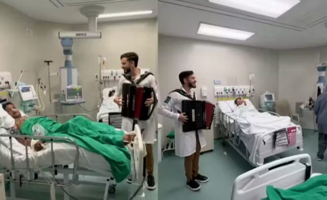 Estudante de medicina toca sanfona para pacientes internados em hospital do CE