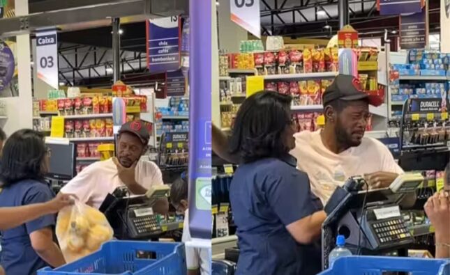 Mulher surpreende e paga conta de homem no mercado. Ele fazia compras para doar;